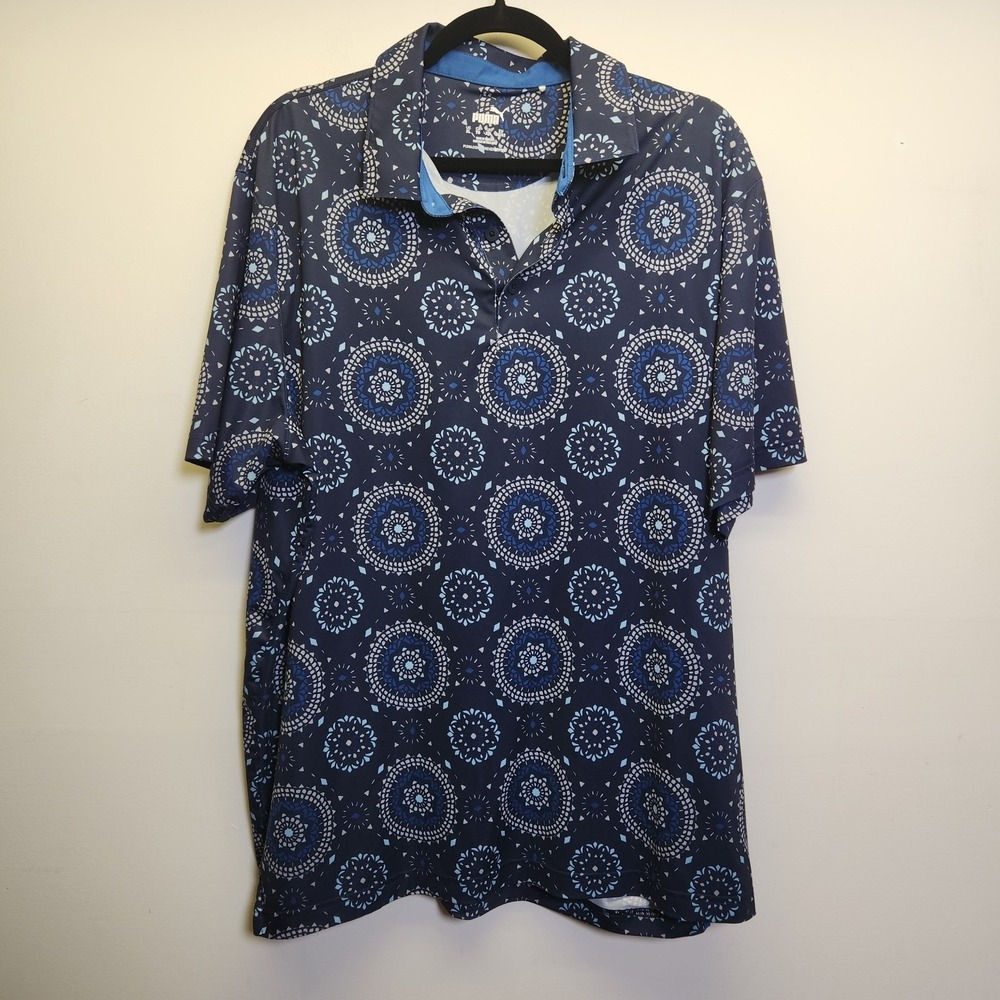 Puma Men's MATTR Rising Golf Polo XL Navy Blue Geometric Circular Print UPF 40